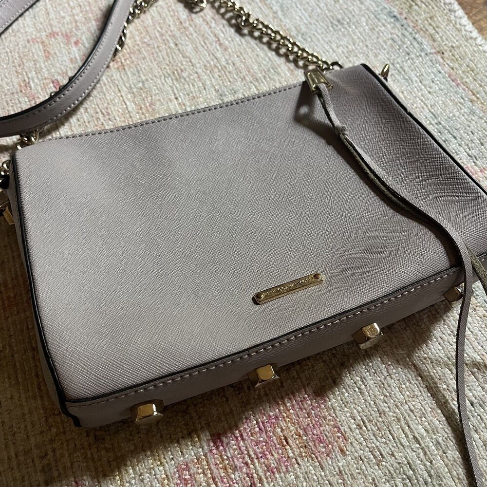 REBECCA MINKOFF Avery Gray Saffiano Leather Crossbody Bag Gold Chain Strap Zip